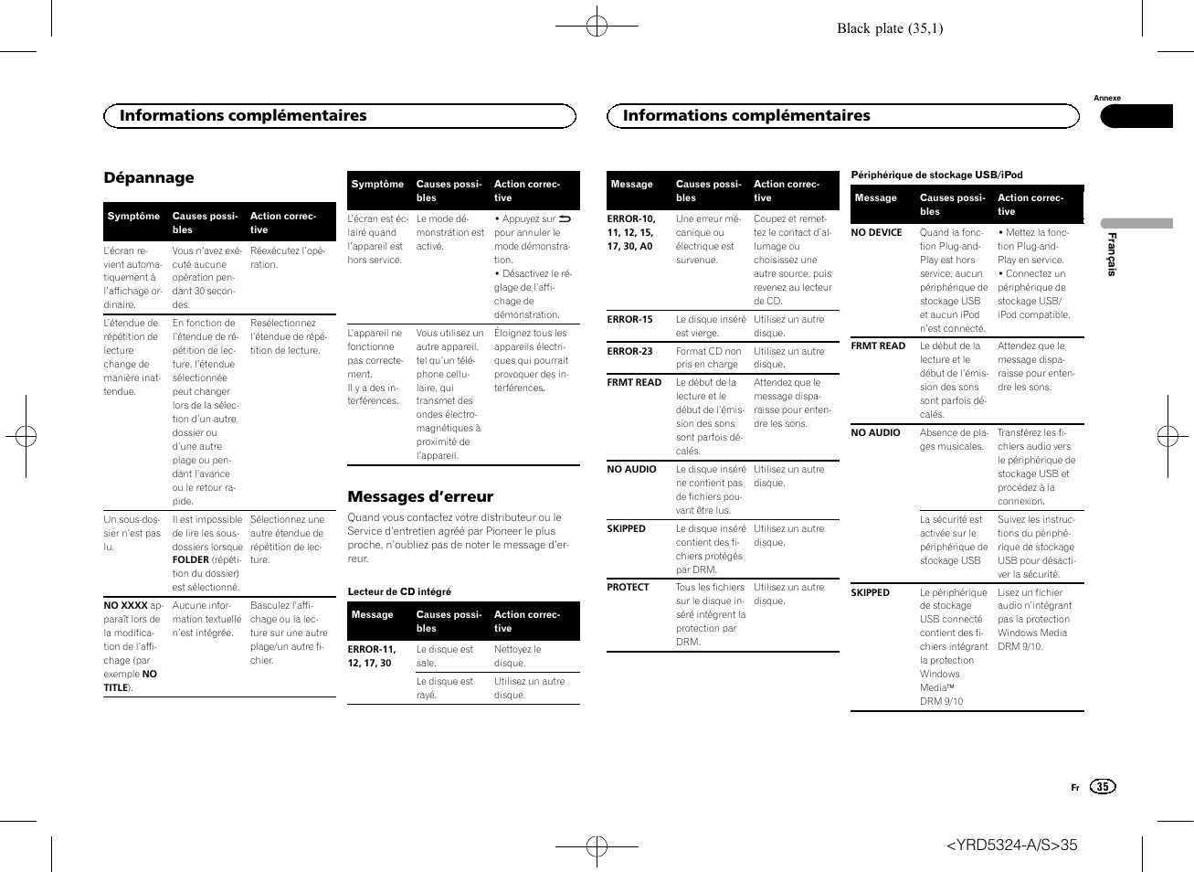Dépannage, Messages d ’erreur, Informations complémentaires | Pioneer DEH-73BT User Manual | Page 35 / 64