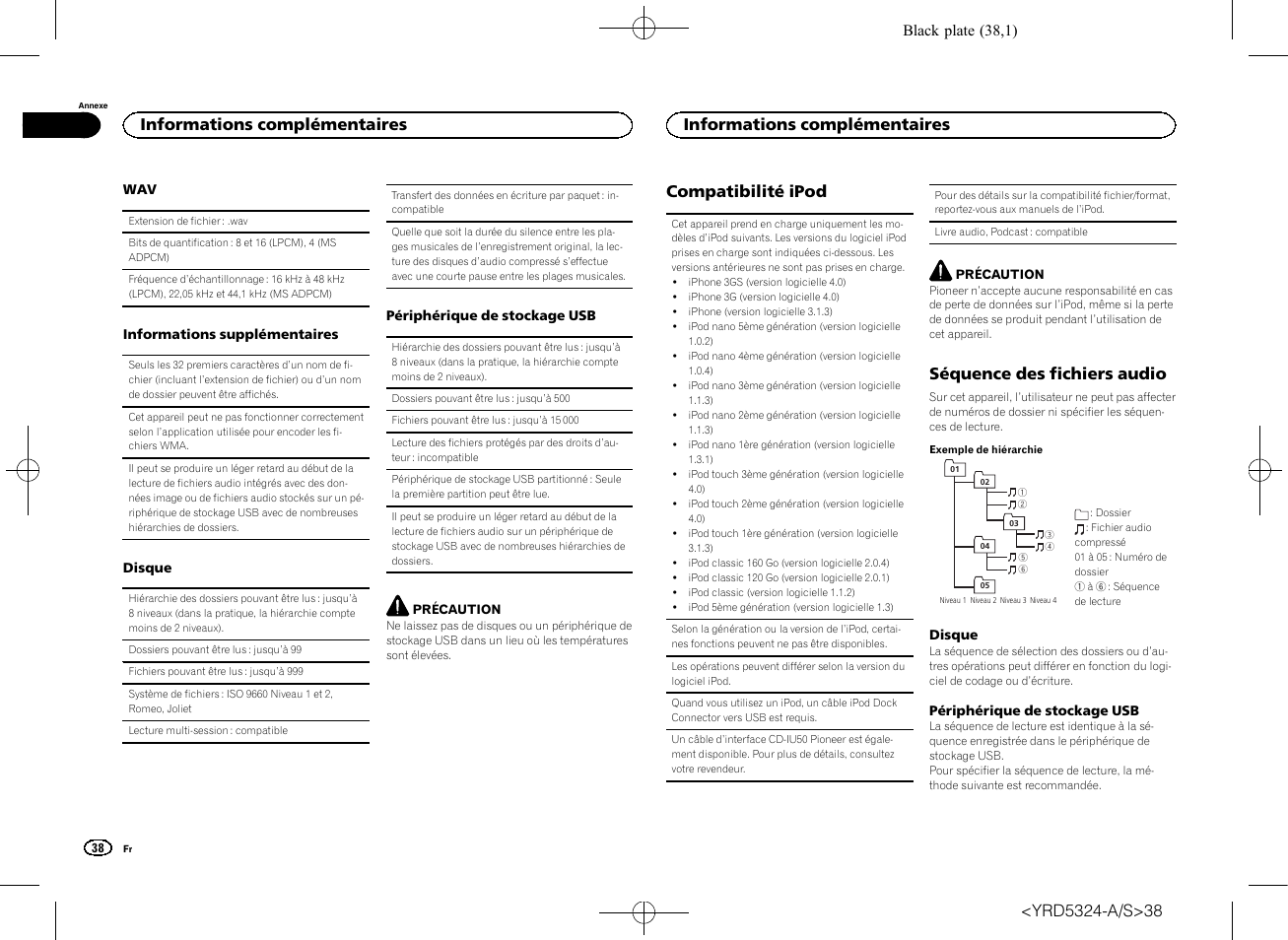 Compatibilité ipod, Séquence des fichiers audio, Informations complémentaires | Pioneer DEH-73BT User Manual | Page 38 / 64