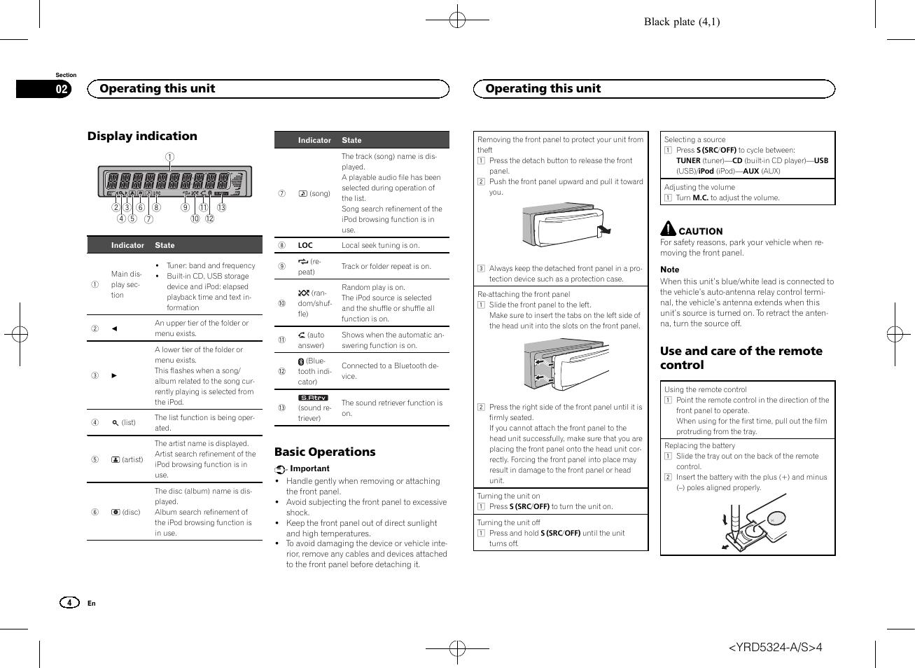 Display indication, Basic operations, Use and care of the remote control | Operating this unit 02, Operating this unit | Pioneer DEH-73BT User Manual | Page 4 / 64