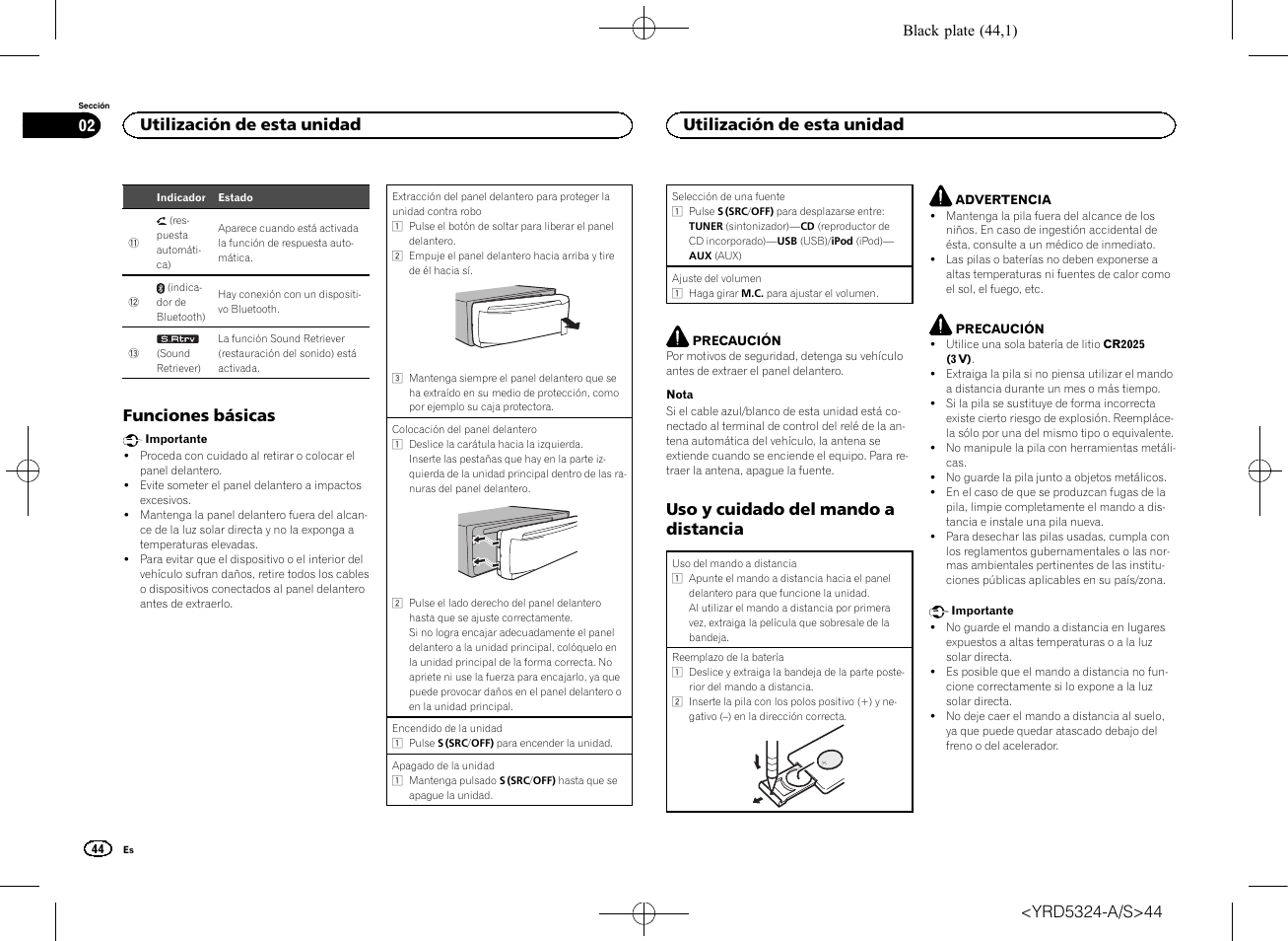Funciones básicas, Uso y cuidado del mando a distancia, Utilización de esta unidad 02 | Utilización de esta unidad | Pioneer DEH-73BT User Manual | Page 44 / 64
