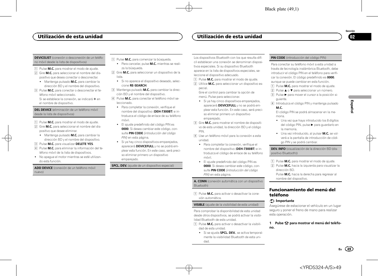 Funcionamiento del menú del teléfono, Utilización de esta unidad 02, Utilización de esta unidad | Pioneer DEH-73BT User Manual | Page 49 / 64