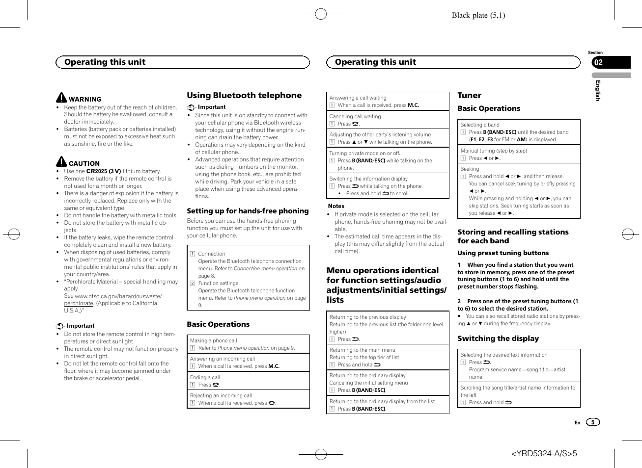 Using bluetooth telephone, Tuner, Operating this unit 02 | Operating this unit | Pioneer DEH-73BT User Manual | Page 5 / 64