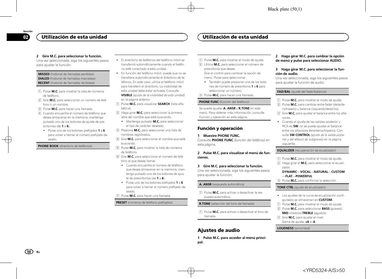 Ajustes de audio, Utilización de esta unidad 02, Utilización de esta unidad | Pioneer DEH-73BT User Manual | Page 50 / 64