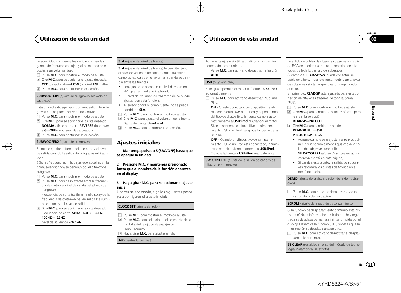 Sw control (ajuste de la salida poste, Ajustes iniciales, Utilización de esta unidad 02 | Utilización de esta unidad | Pioneer DEH-73BT User Manual | Page 51 / 64