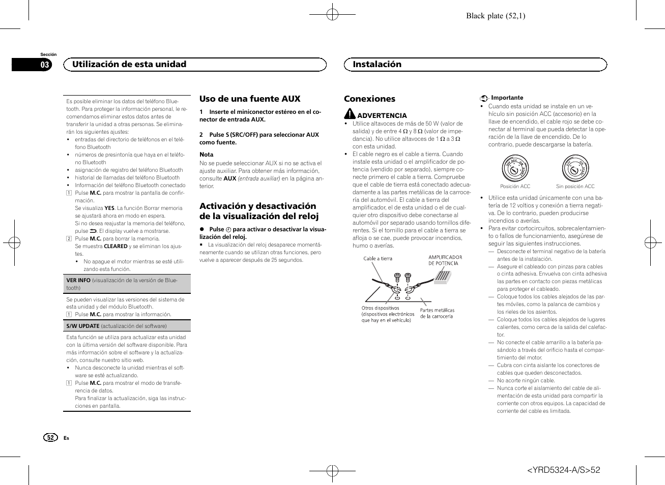 Uso de una fuente aux, Conexiones, Utilización de esta unidad 03 | Instalación | Pioneer DEH-73BT User Manual | Page 52 / 64