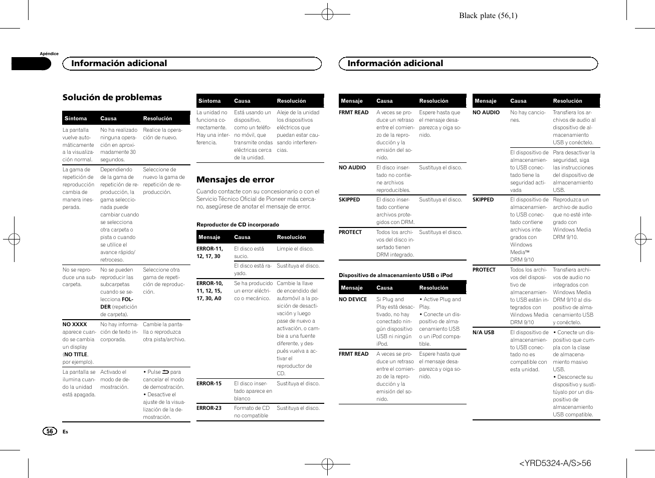 Solución de problemas, Mensajes de error, Información adicional | Pioneer DEH-73BT User Manual | Page 56 / 64