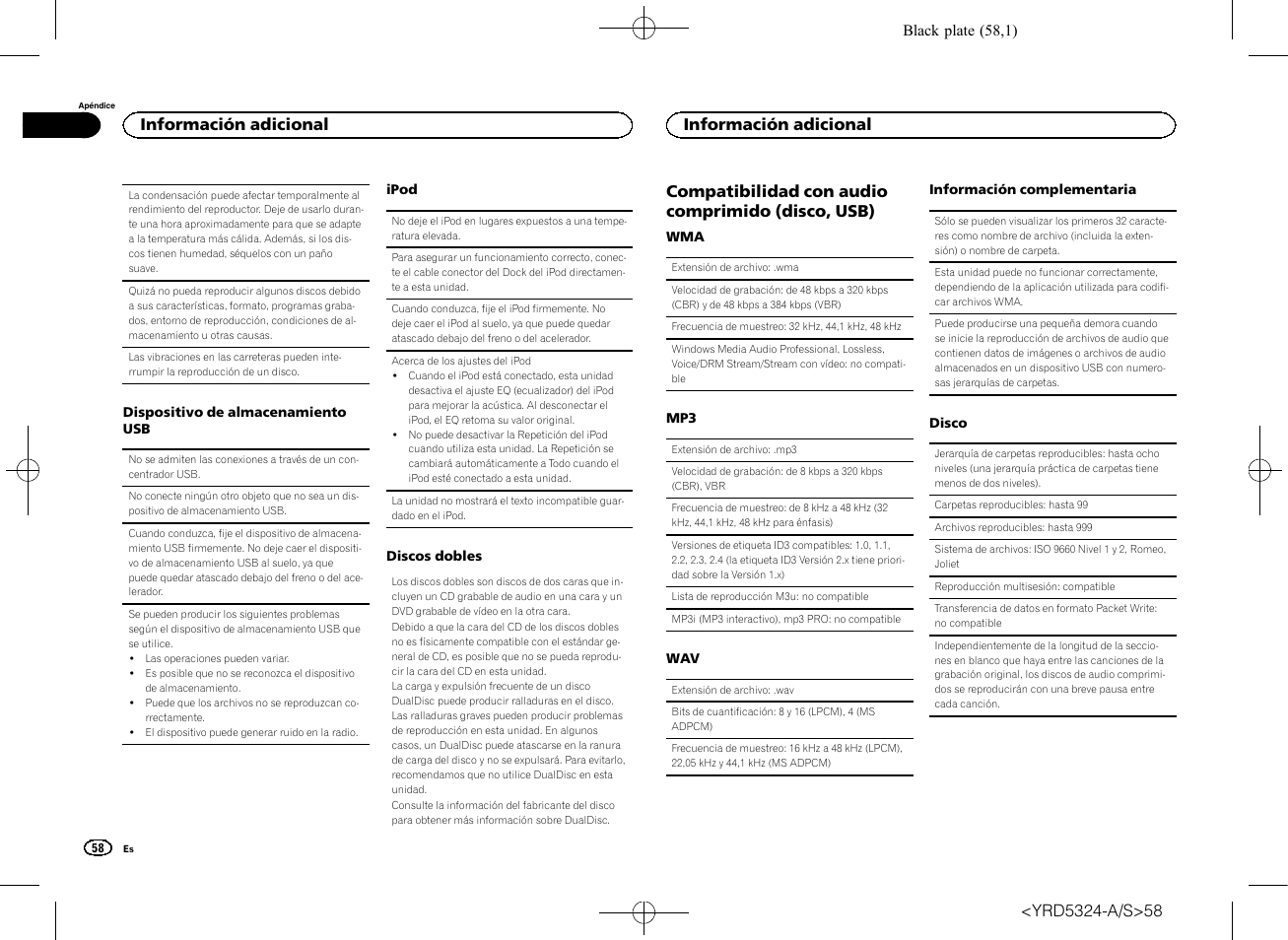 Compatibilidad con audio comprimido (disco, usb), Información adicional | Pioneer DEH-73BT User Manual | Page 58 / 64