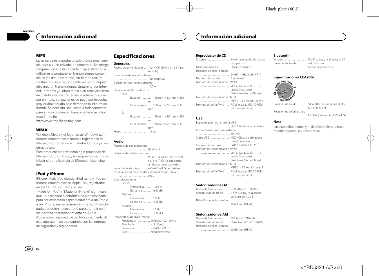 Especificaciones, Información adicional, Black plate (60,1) | Pioneer DEH-73BT User Manual | Page 60 / 64