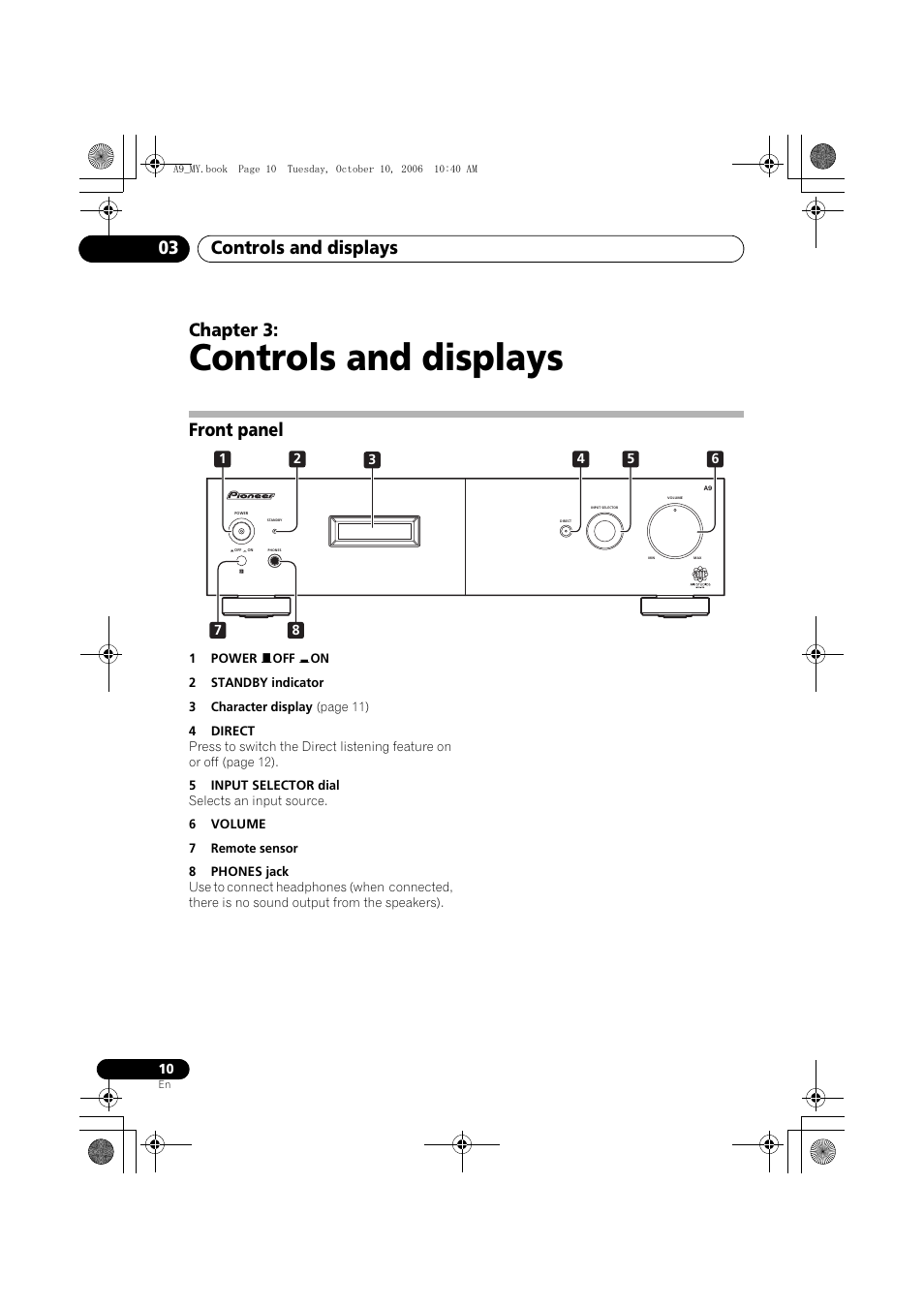 03 controls and displays, Front panel, Controls and displays | Controls and displays 03, Chapter 3 | Pioneer A-A9-J User Manual | Page 10 / 109