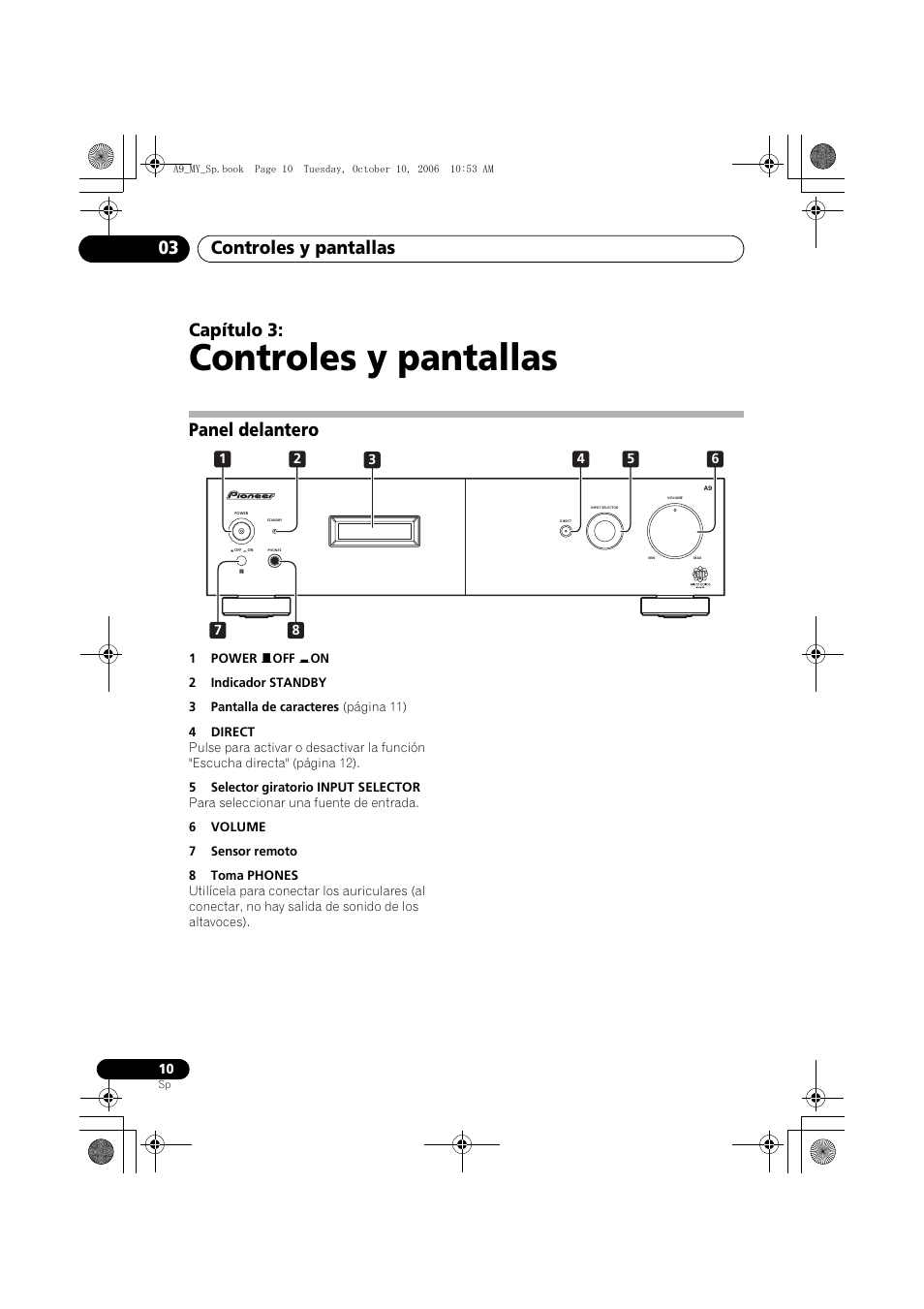 03 controles y pantallas, Panel delantero, Controles y pantallas | Controles y pantallas 03, Capítulo 3 | Pioneer A-A9-J User Manual | Page 100 / 109