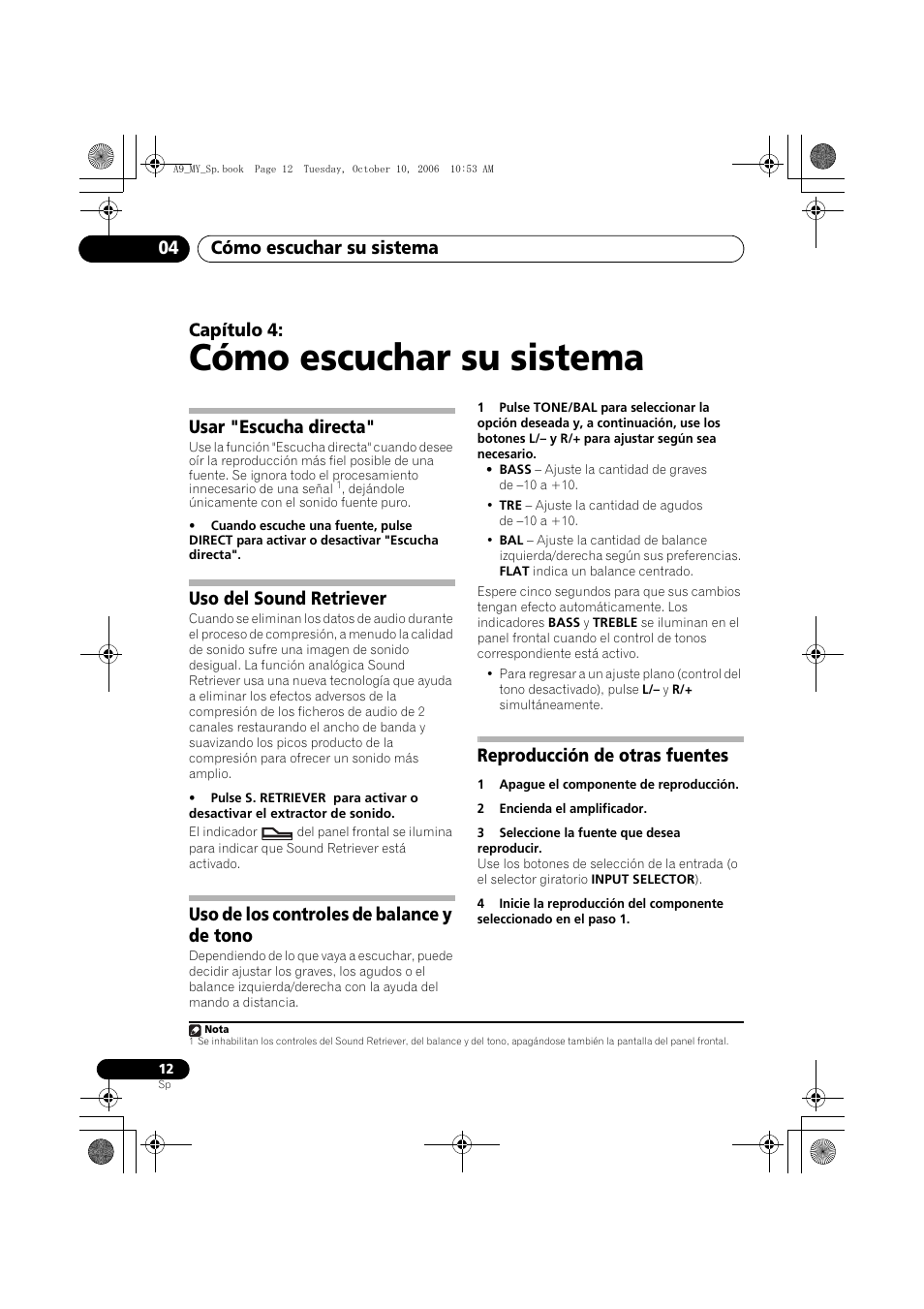 04 cómo escuchar su sistema, Usar "escucha directa, Uso del sound retriever | Uso de los controles de balance y de tono, Reproducción de otras fuentes, Cómo escuchar su sistema, Cómo escuchar su sistema 04, Capítulo 4 | Pioneer A-A9-J User Manual | Page 102 / 109