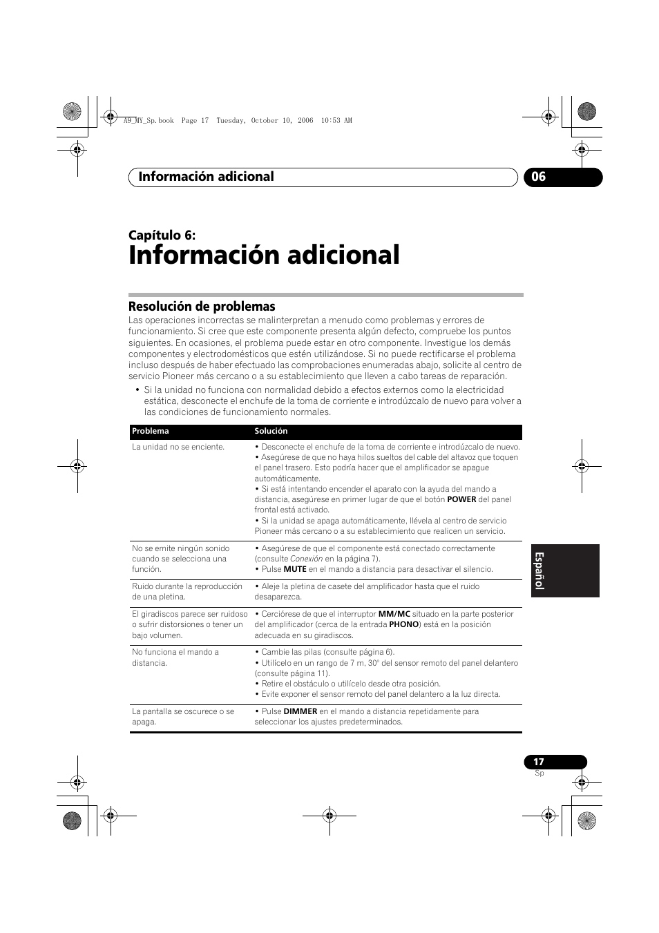 06 información adicional, Resolución de problemas, Información adicional | Información adicional 06, Capítulo 6 | Pioneer A-A9-J User Manual | Page 107 / 109