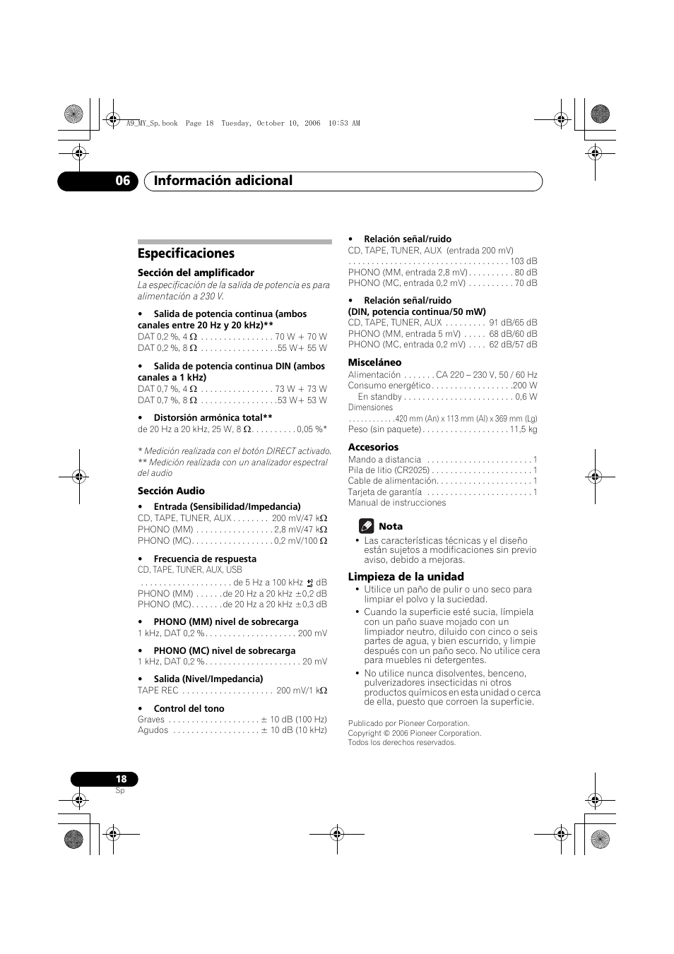 Especificaciones, Limpieza de la unidad, Información adicional 06 | Pioneer A-A9-J User Manual | Page 108 / 109