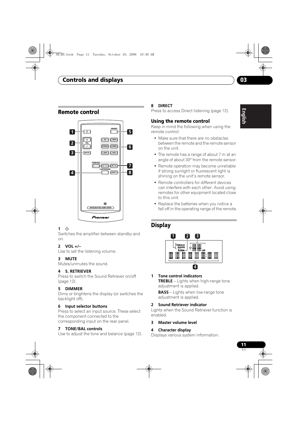 Remote control, Using the remote control, Display | Controls and displays 03 | Pioneer A-A9-J User Manual | Page 11 / 109