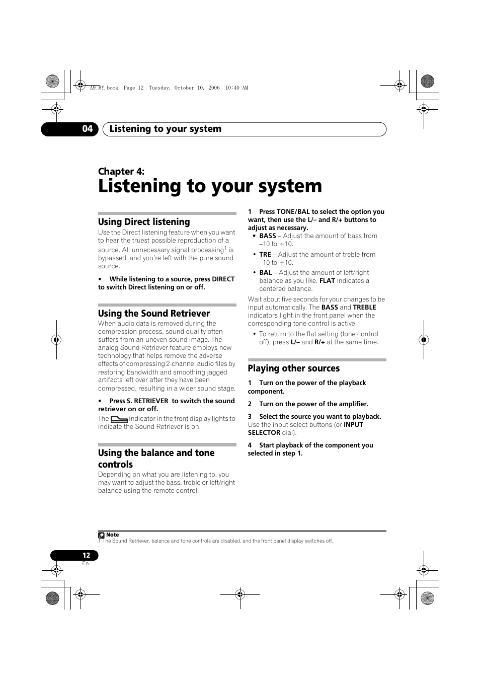04 listening to your system, Using direct listening, Using the sound retriever | Using the balance and tone controls, Playing other sources, Listening to your system, Listening to your system 04, Chapter 4 | Pioneer A-A9-J User Manual | Page 12 / 109