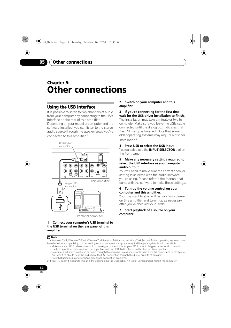 05 other connections, Using the usb interface, Other connections | Other connections 05, Chapter 5 | Pioneer A-A9-J User Manual | Page 14 / 109