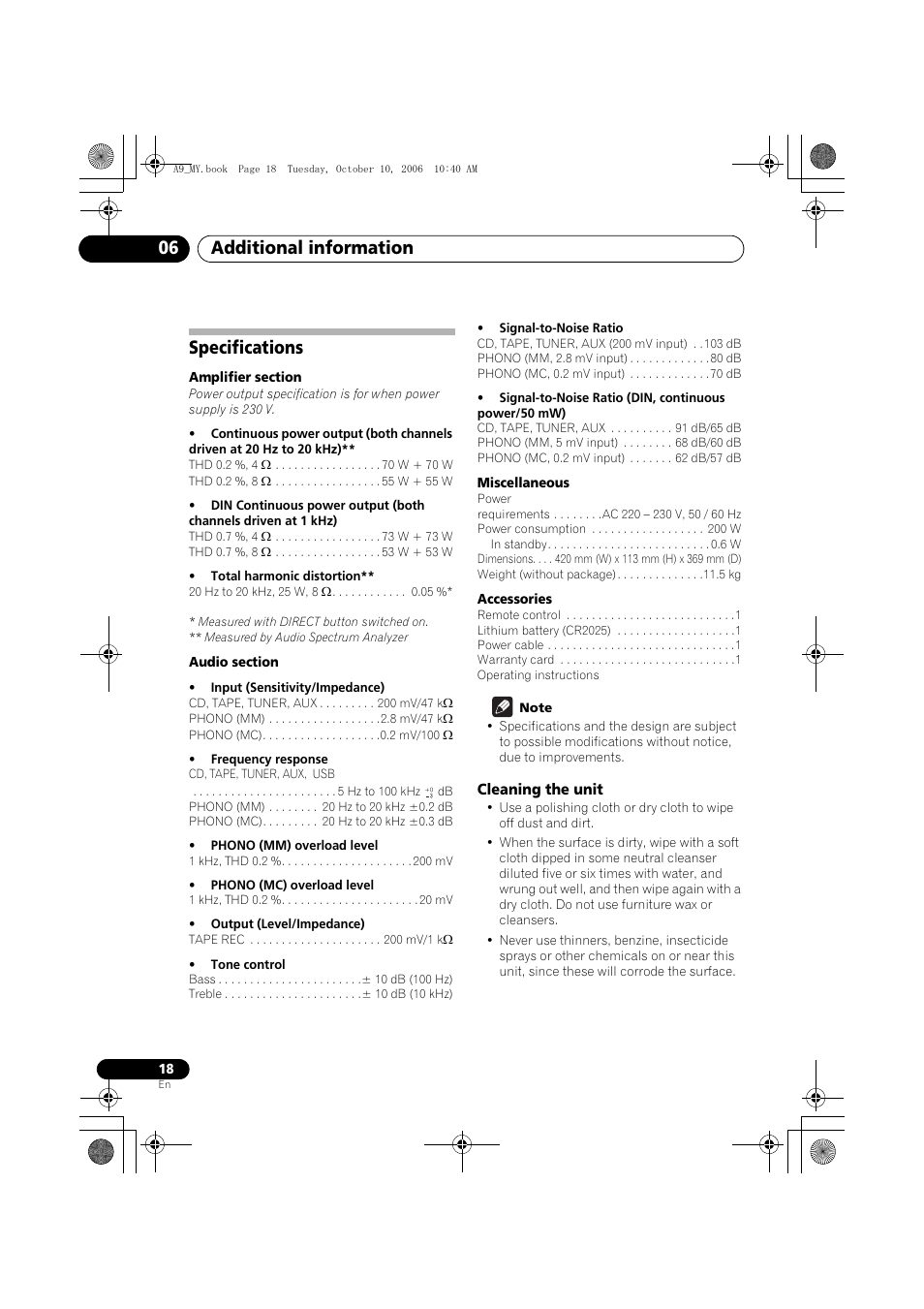 Specifications, Cleaning the unit, Additional information 06 | Pioneer A-A9-J User Manual | Page 18 / 109