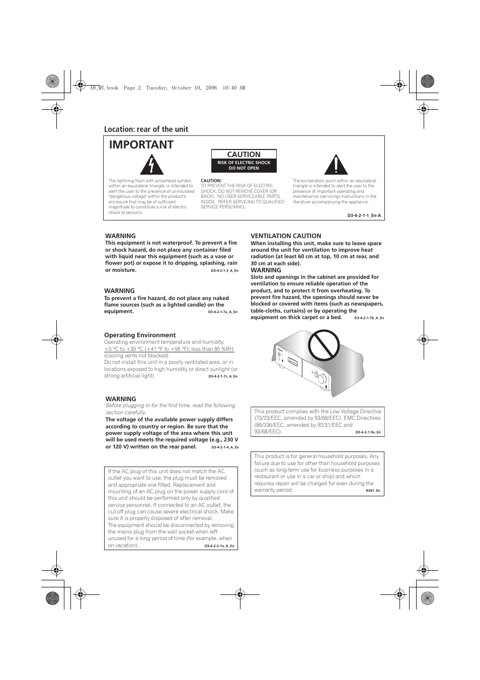 Important, Location: rear of the unit, Caution | Pioneer A-A9-J User Manual | Page 2 / 109