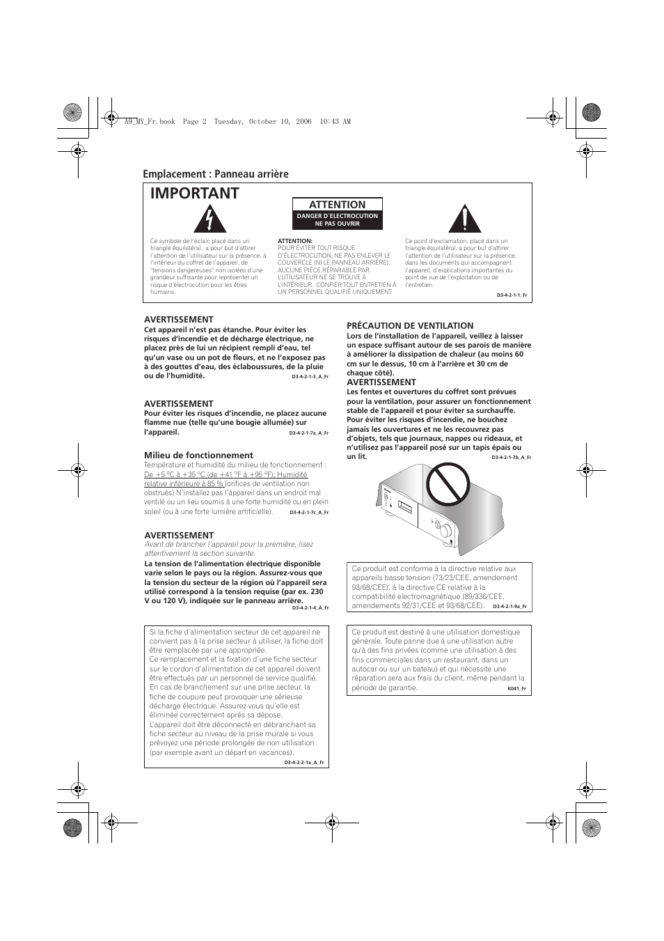 Important, Emplacement : panneau arrière, Attention | Pioneer A-A9-J User Manual | Page 20 / 109