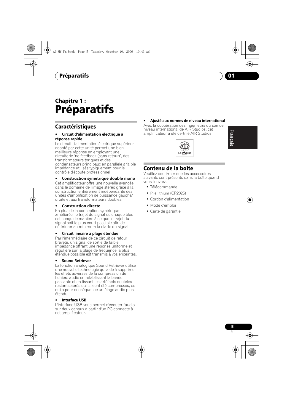 01 préparatifs, Caractéristiques, Contenu de la boîte | Préparatifs, Préparatifs 01, Chapitre 1 | Pioneer A-A9-J User Manual | Page 23 / 109