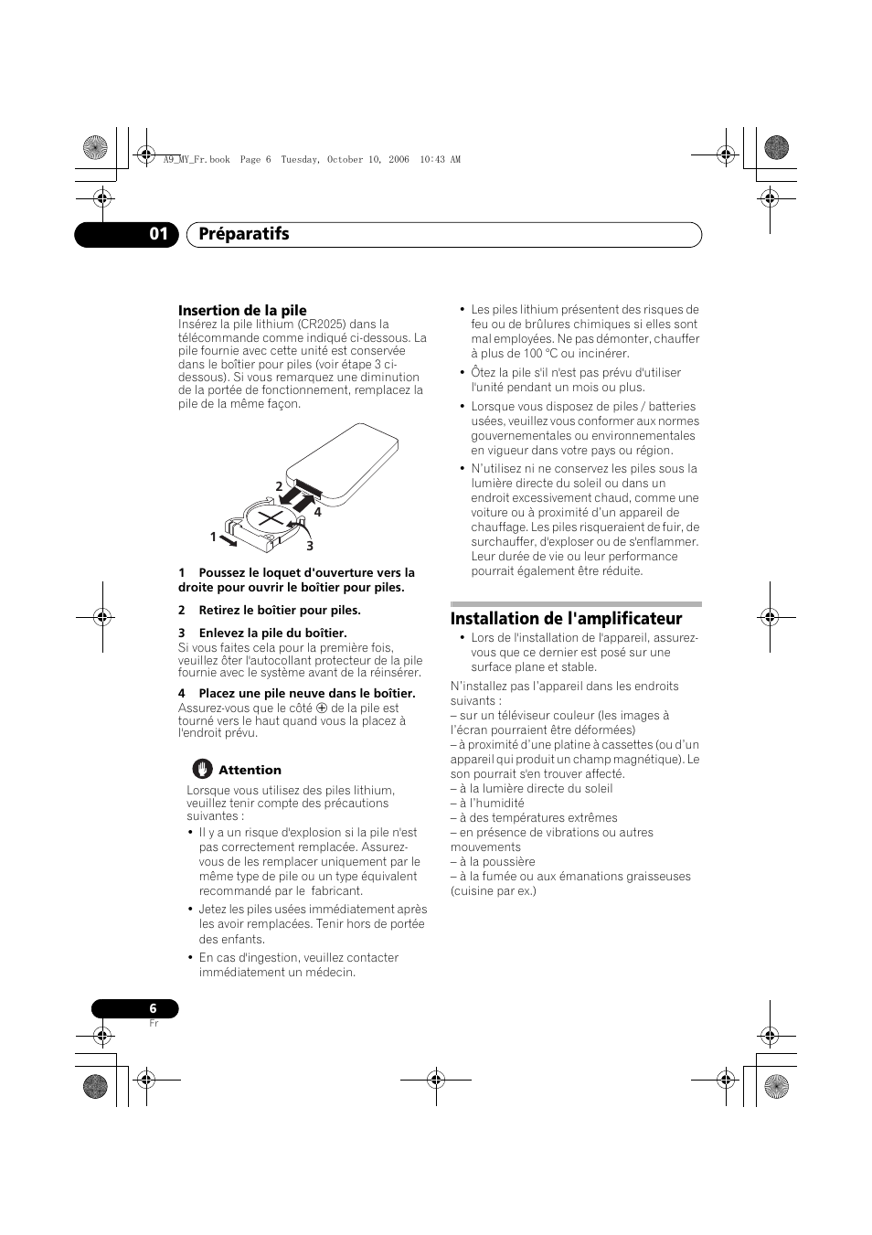 Insertion de la pile, Installation de l'amplificateur, Préparatifs 01 | Pioneer A-A9-J User Manual | Page 24 / 109