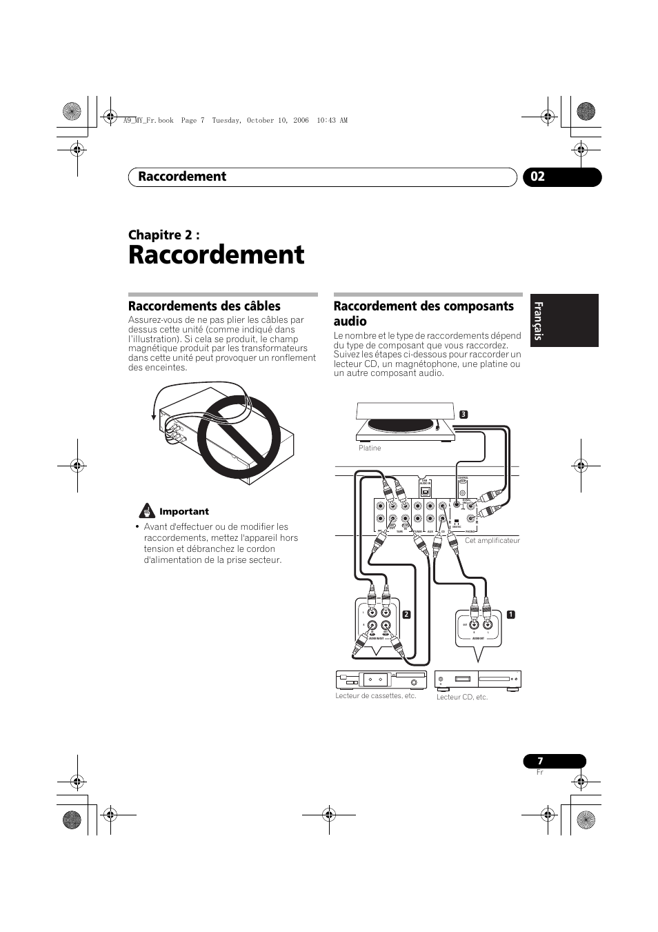 02 raccordement, Raccordements des câbles, Raccordement des composants audio | Raccordement, Raccordement 02, Chapitre 2 | Pioneer A-A9-J User Manual | Page 25 / 109