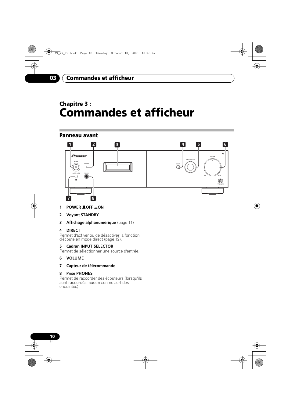 03 commandes et afficheur, Panneau avant, Commandes et afficheur | Commandes et afficheur 03, Chapitre 3 | Pioneer A-A9-J User Manual | Page 28 / 109