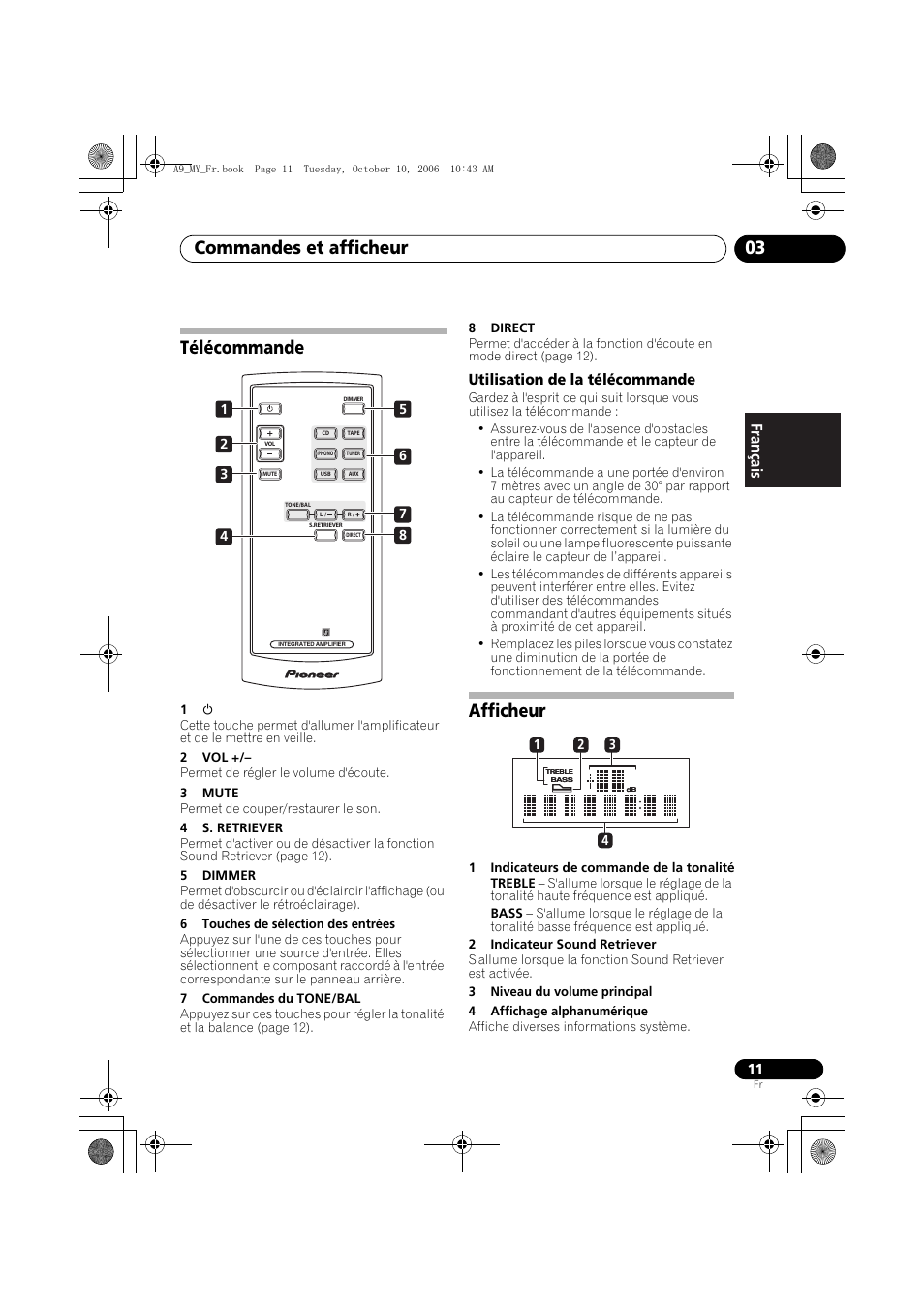 Télécommande, Utilisation de la télécommande, Afficheur | Commandes et afficheur 03 | Pioneer A-A9-J User Manual | Page 29 / 109