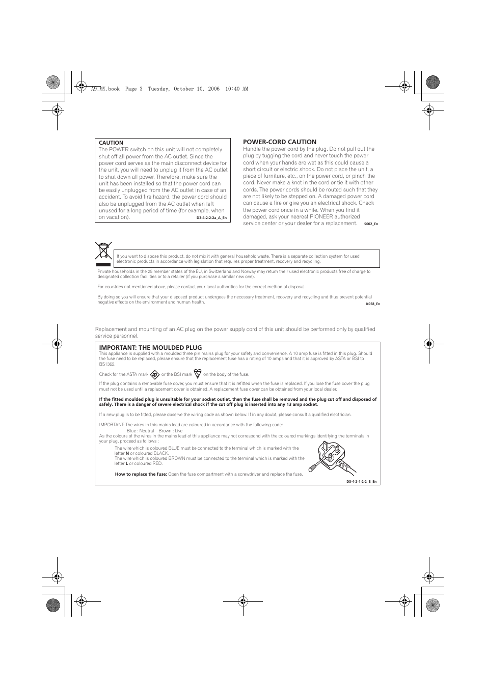 Power-cord caution, Important: the moulded plug | Pioneer A-A9-J User Manual | Page 3 / 109