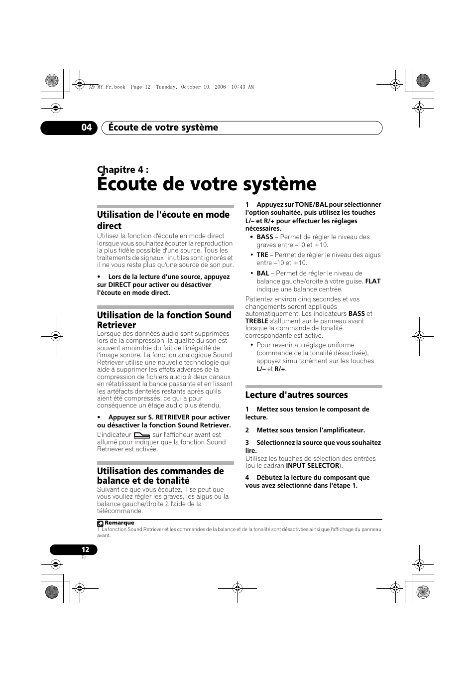 04 écoute de votre système, Utilisation de l'écoute en mode direct, Utilisation de la fonction sound retriever | Lecture d'autres sources, Écoute de votre système, Écoute de votre système 04, Chapitre 4 | Pioneer A-A9-J User Manual | Page 30 / 109