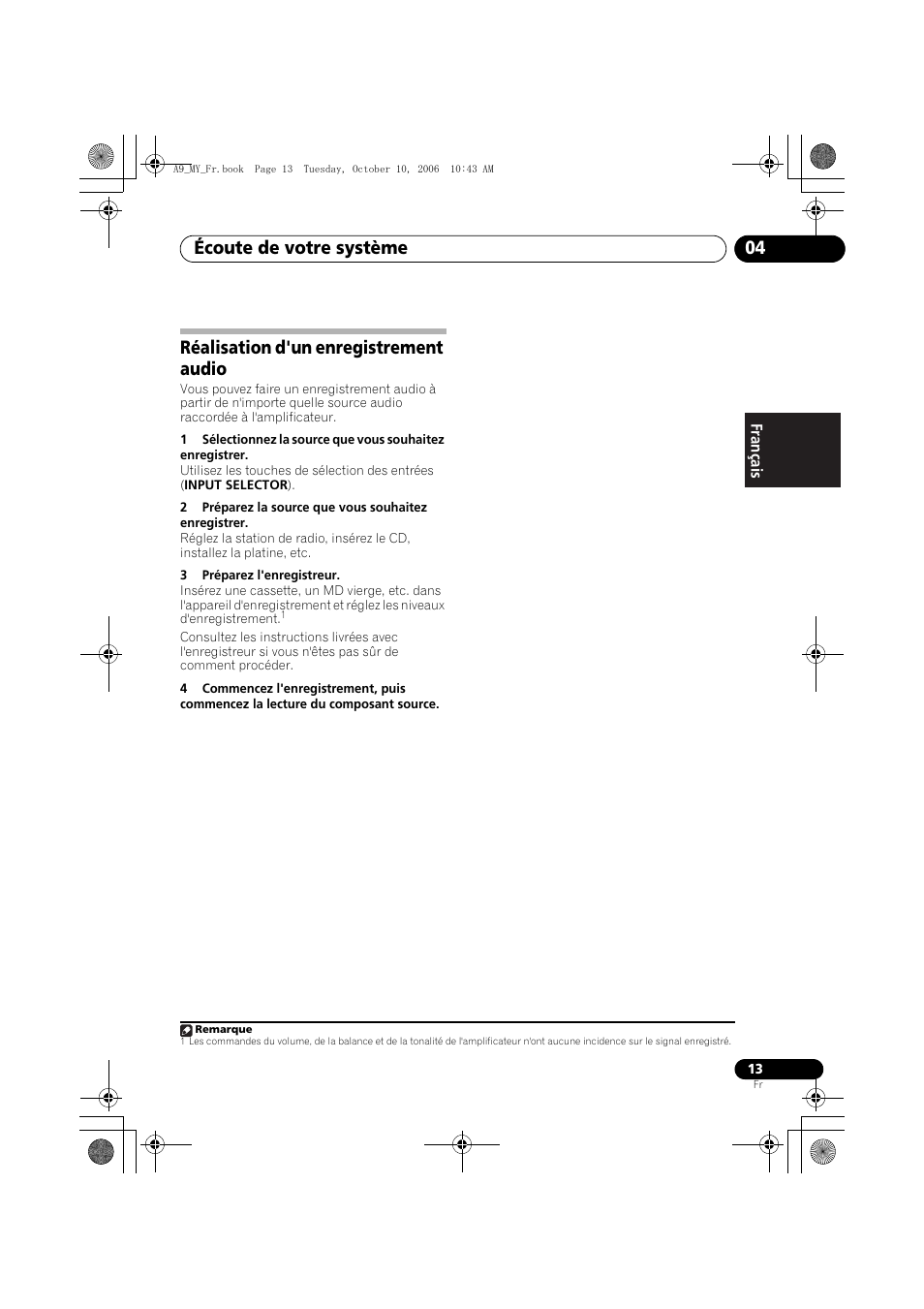 Réalisation d'un enregistrement audio, Écoute de votre système 04 | Pioneer A-A9-J User Manual | Page 31 / 109