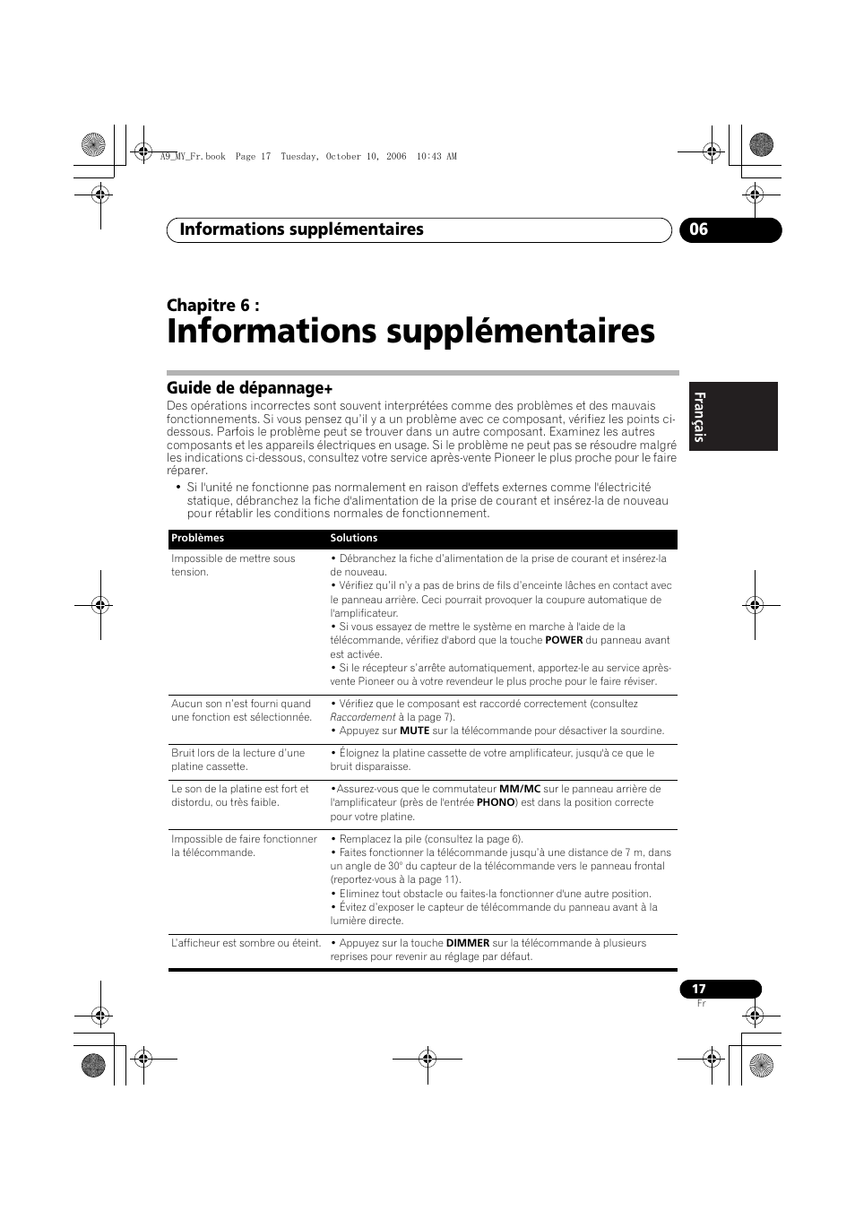 06 informations supplémentaires, Guide de dépannage, Informations supplémentaires | Informations supplémentaires 06, Chapitre 6 | Pioneer A-A9-J User Manual | Page 35 / 109