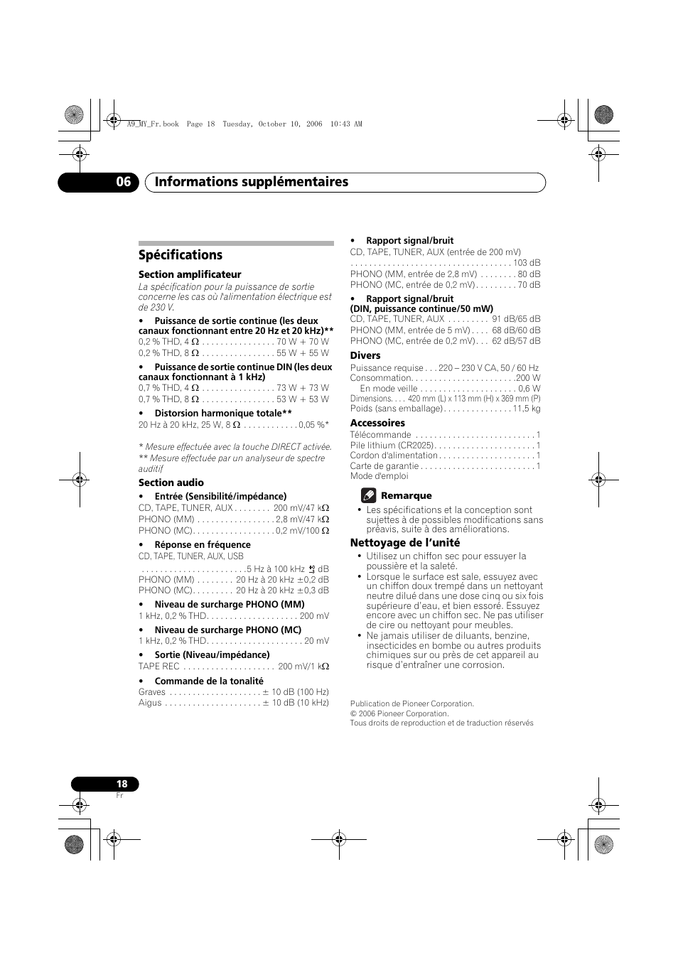 Spécifications, Nettoyage de l’unité, Informations supplémentaires 06 | Pioneer A-A9-J User Manual | Page 36 / 109