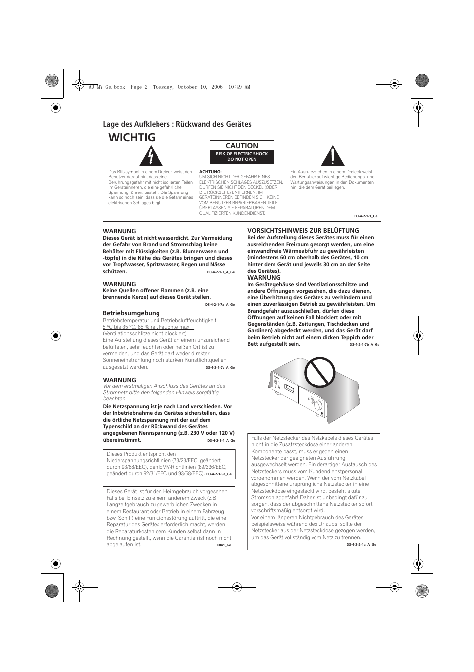 Wichtig, Lage des aufklebers : rückwand des gerätes, Caution | Pioneer A-A9-J User Manual | Page 38 / 109