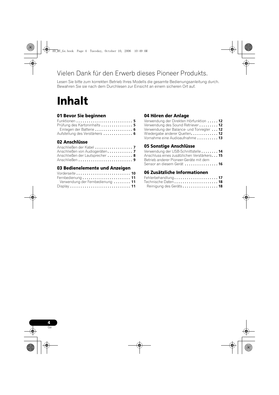 Inhalt, Vielen dank für den erwerb dieses pioneer produkts | Pioneer A-A9-J User Manual | Page 40 / 109
