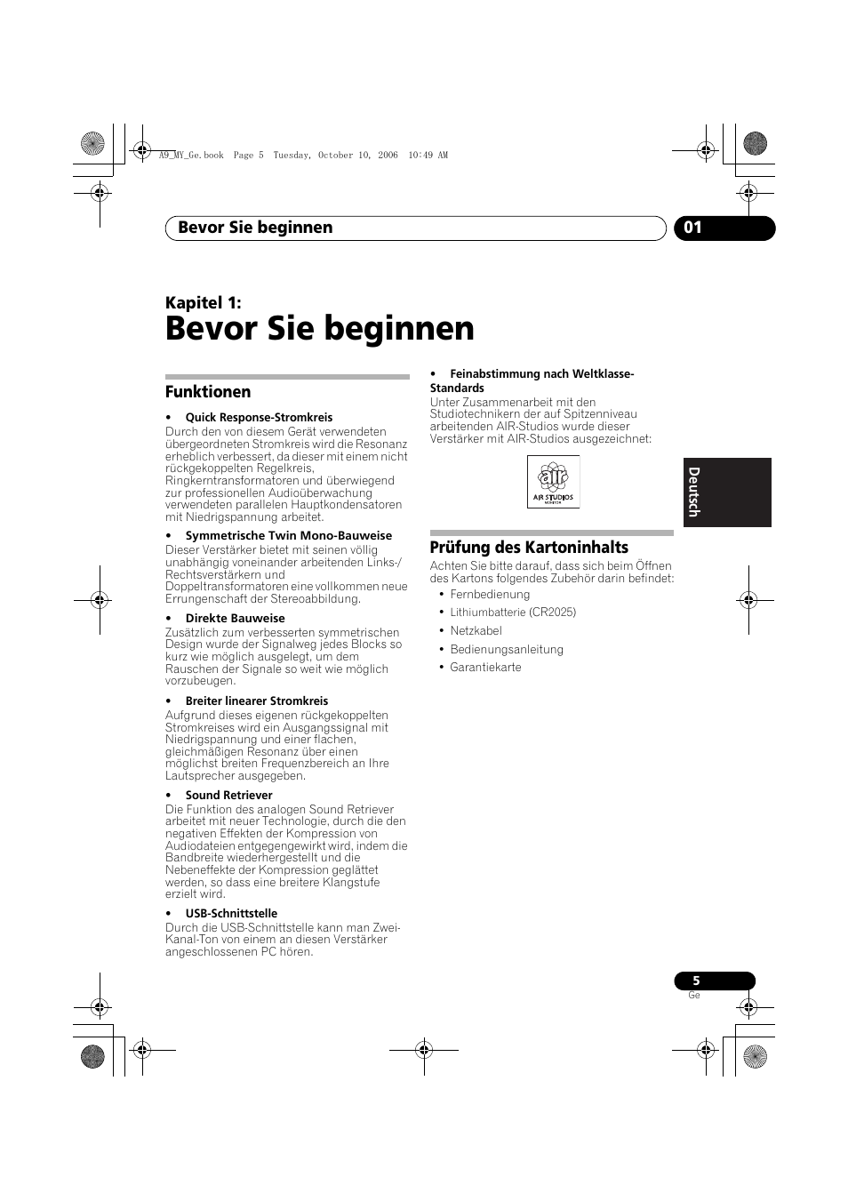 01 bevor sie beginnen, Funktionen, Prüfung des kartoninhalts | Bevor sie beginnen, Bevor sie beginnen 01, Kapitel 1 | Pioneer A-A9-J User Manual | Page 41 / 109