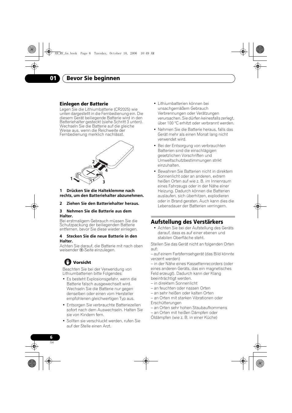Einlegen der batterie, Aufstellung des verstärkers, Bevor sie beginnen 01 | Pioneer A-A9-J User Manual | Page 42 / 109