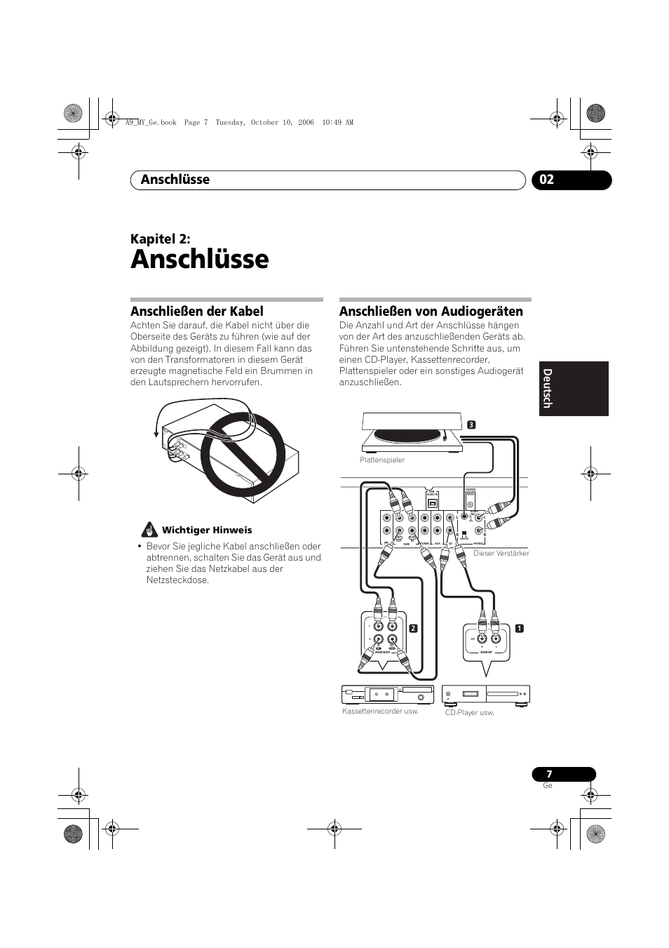 02 anschlüsse, Anschließen der kabel, Anschließen von audiogeräten | Anschlüsse, Anschlüsse 02, Kapitel 2 | Pioneer A-A9-J User Manual | Page 43 / 109