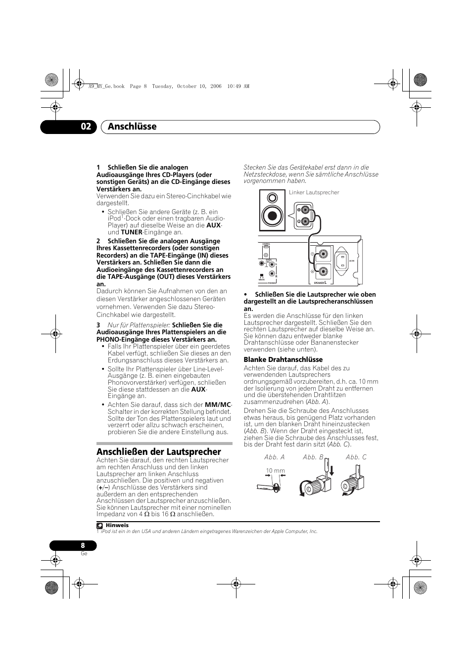 Anschließen der lautsprecher, Anschlüsse 02 | Pioneer A-A9-J User Manual | Page 44 / 109