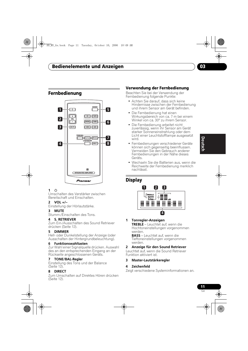 Fernbedienung, Verwendung der fernbedienung, Display | Bedienelemente und anzeigen 03 | Pioneer A-A9-J User Manual | Page 47 / 109