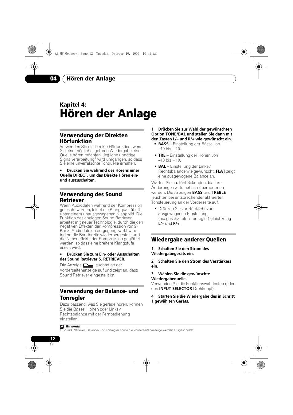 04 hören der anlage, Verwendung der direkten hörfunktion, Verwendung des sound retriever | Verwendung der balance- und tonregler, Wiedergabe anderer quellen, Hören der anlage, Hören der anlage 04, Kapitel 4 | Pioneer A-A9-J User Manual | Page 48 / 109