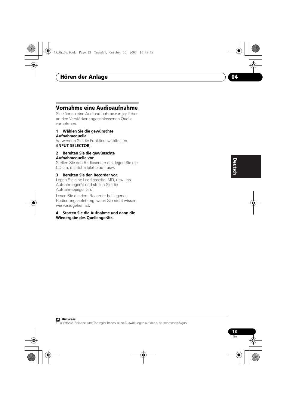 Vornahme eine audioaufnahme, Hören der anlage 04 | Pioneer A-A9-J User Manual | Page 49 / 109