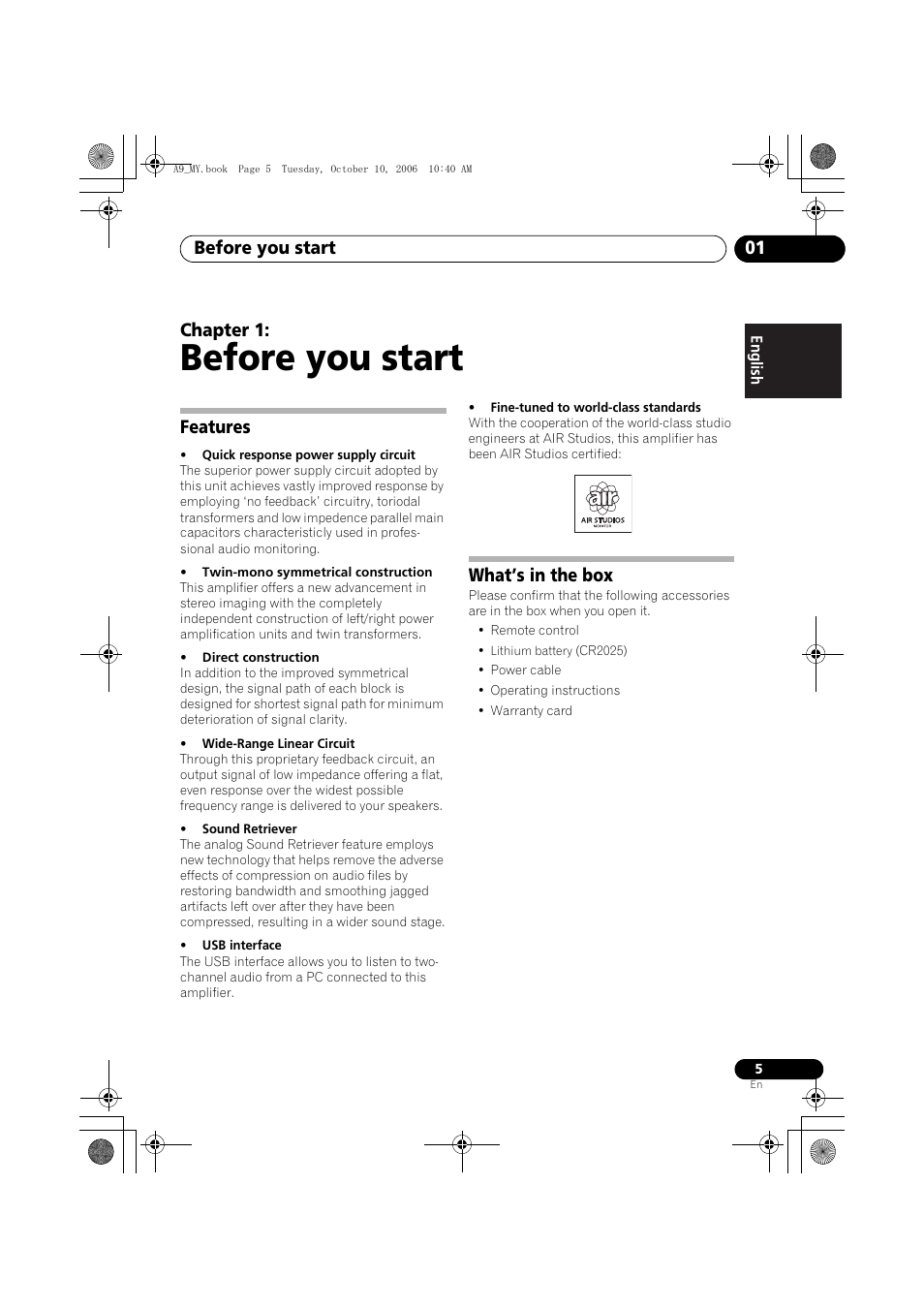 01 before you start, Features, What’s in the box | Before you start, Before you start 01, Chapter 1 | Pioneer A-A9-J User Manual | Page 5 / 109