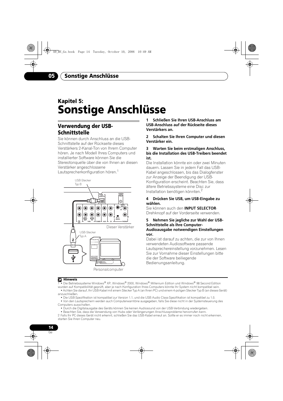 05 sonstige anschlüsse, Verwendung der usb-schnittstelle, Sonstige anschlüsse | Sonstige anschlüsse 05, Kapitel 5, Verwendung der usb- schnittstelle | Pioneer A-A9-J User Manual | Page 50 / 109