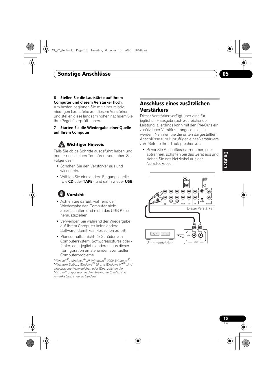 Anschluss eines zusätzlichen verstärkers, Sonstige anschlüsse 05 | Pioneer A-A9-J User Manual | Page 51 / 109