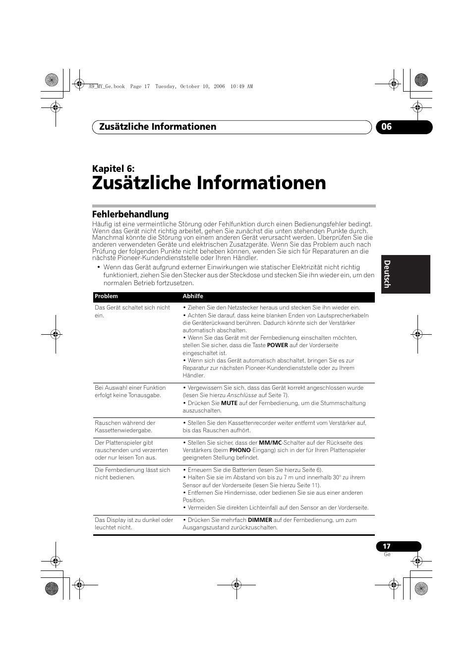 06 zusätzliche informationen, Fehlerbehandlung, Zusätzliche informationen | Zusätzliche informationen 06, Kapitel 6 | Pioneer A-A9-J User Manual | Page 53 / 109
