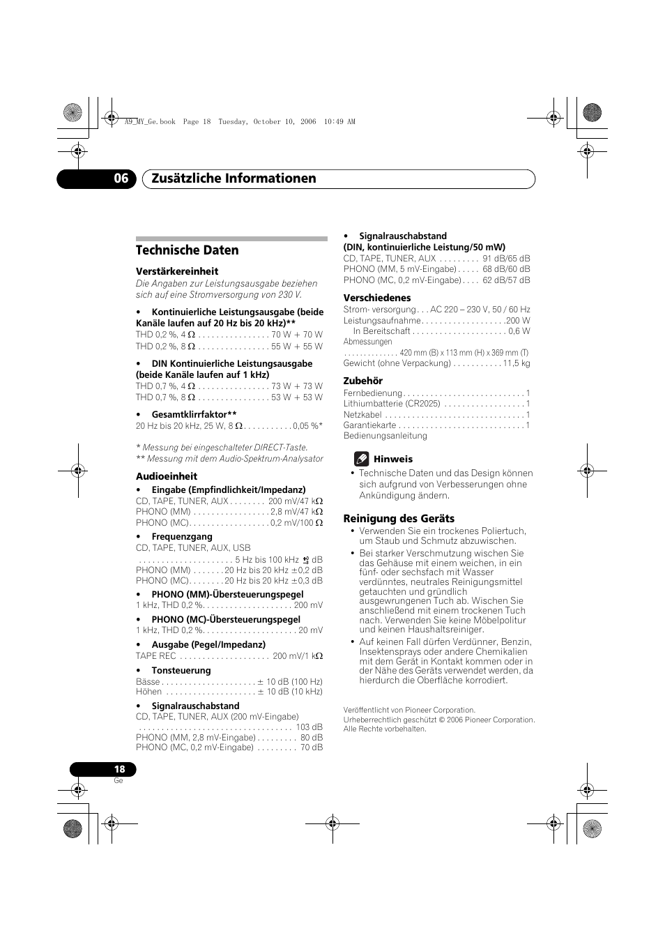 Technische daten, Reinigung des geräts, Zusätzliche informationen 06 | Pioneer A-A9-J User Manual | Page 54 / 109