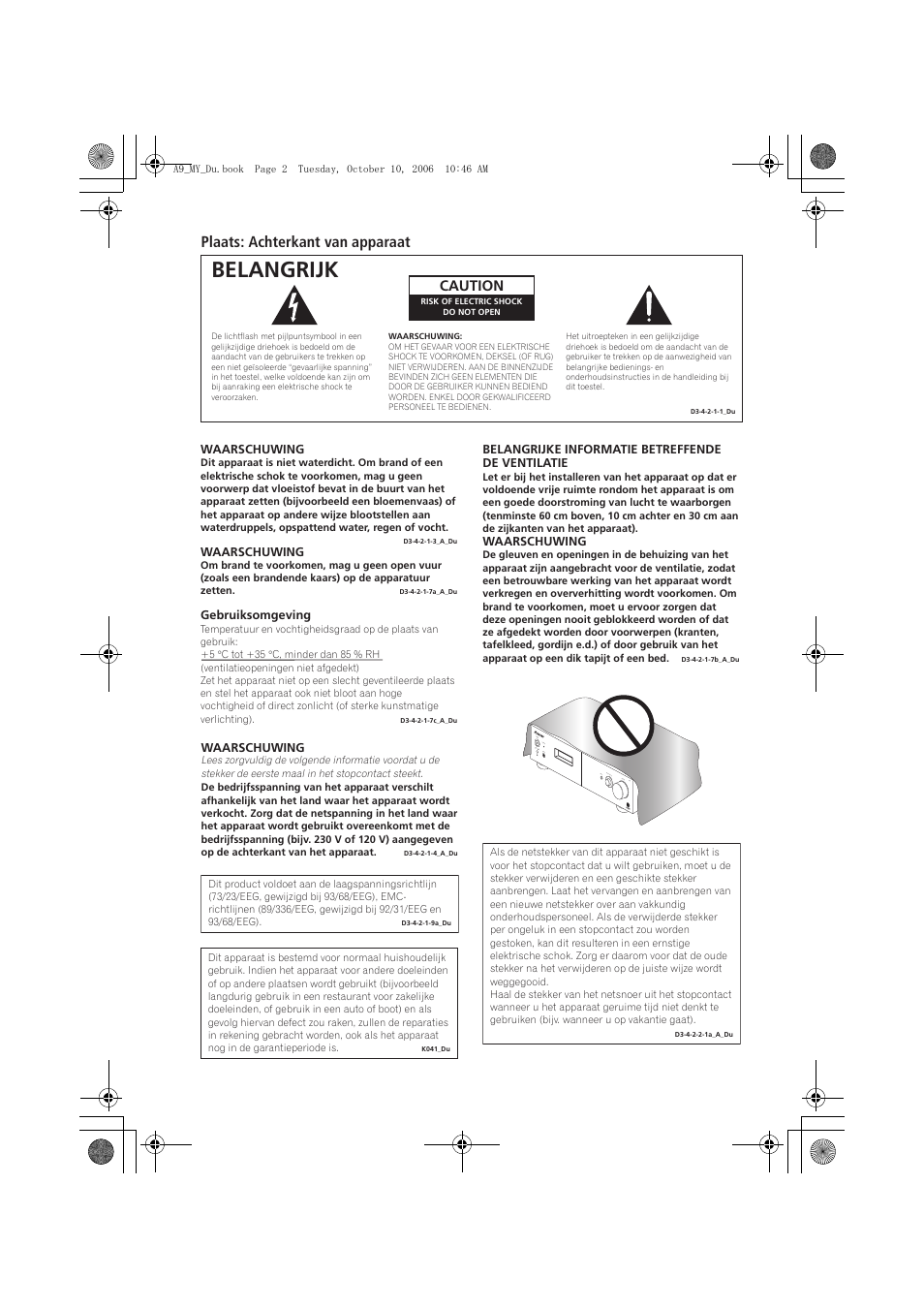 Belangrijk, Plaats: achterkant van apparaat, Caution | Pioneer A-A9-J User Manual | Page 56 / 109