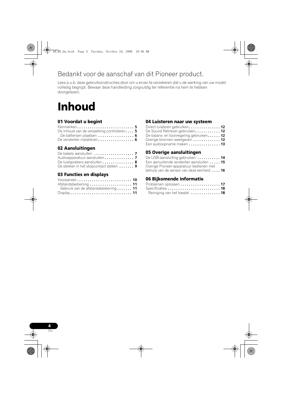 Inhoud, Bedankt voor de aanschaf van dit pioneer product | Pioneer A-A9-J User Manual | Page 58 / 109