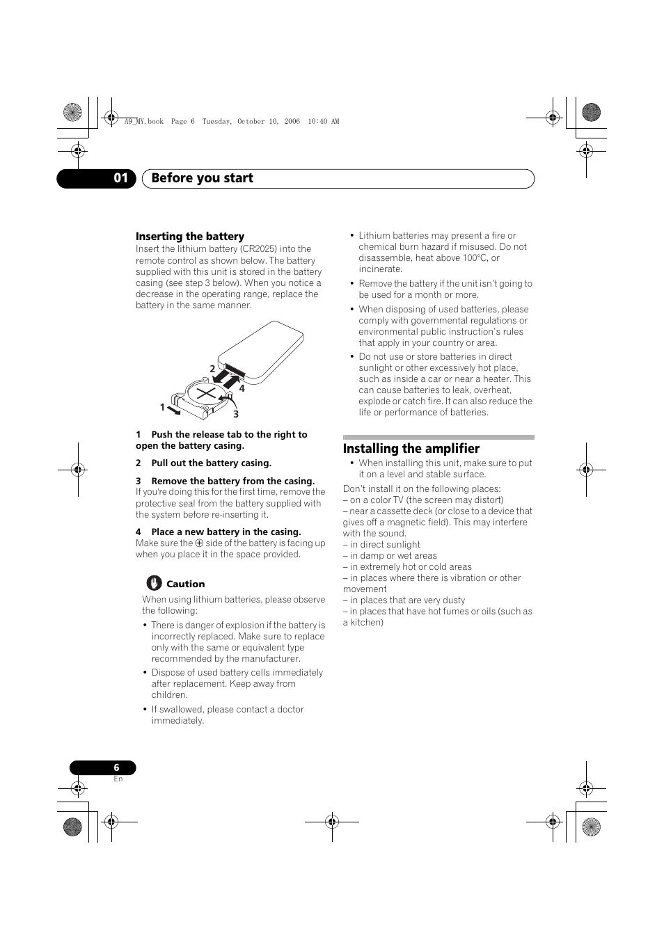 Inserting the battery, Installing the amplifier, Before you start 01 | Pioneer A-A9-J User Manual | Page 6 / 109
